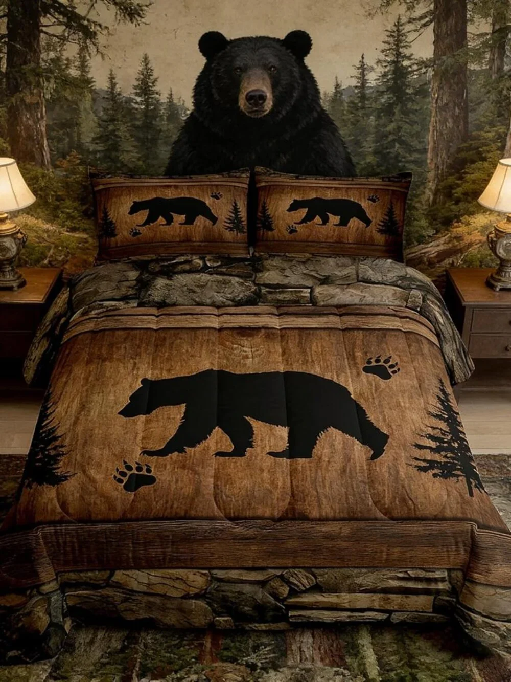 Rustic Bear Comforter Set Queen Size,Wild Animal Hunting Bedding Set 3pcs,Farmho